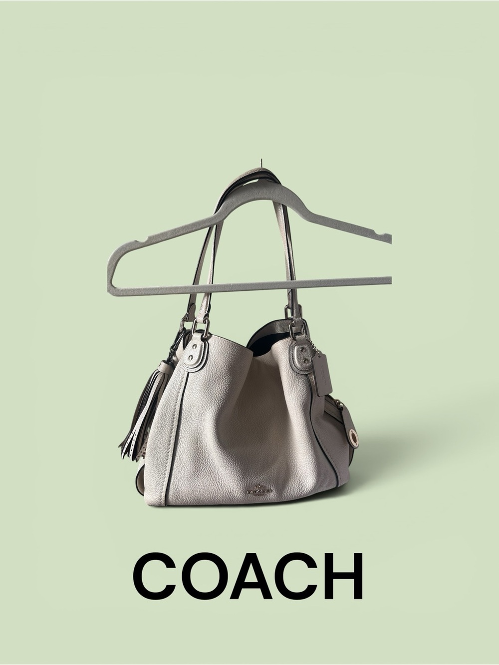 COACH Pebbled Leather Shoulder Bag in Light Gray/Ivory
